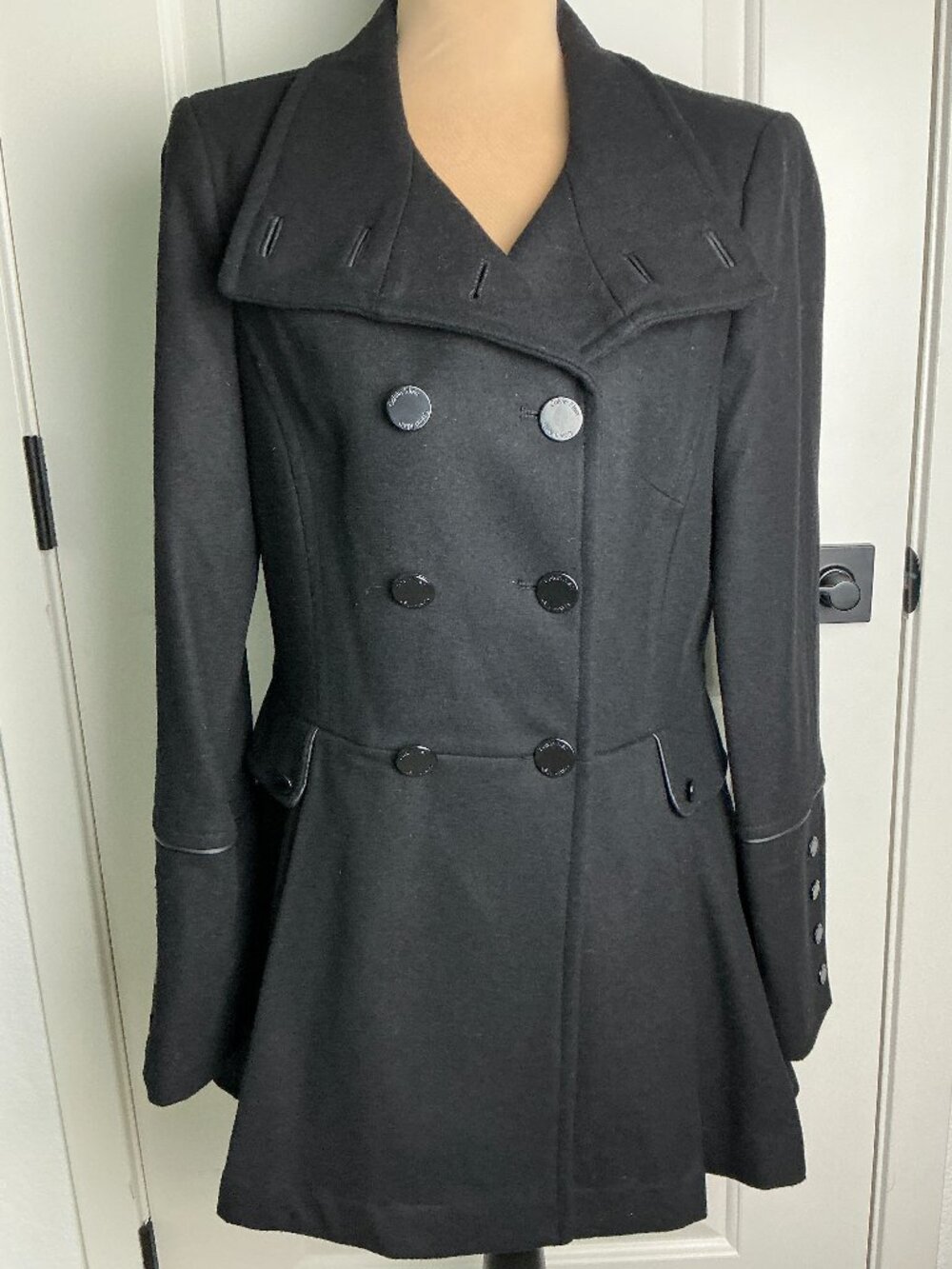 Calvin Klein Black Wool Blend Double Breasted Fit Flare Peacoat Size 8